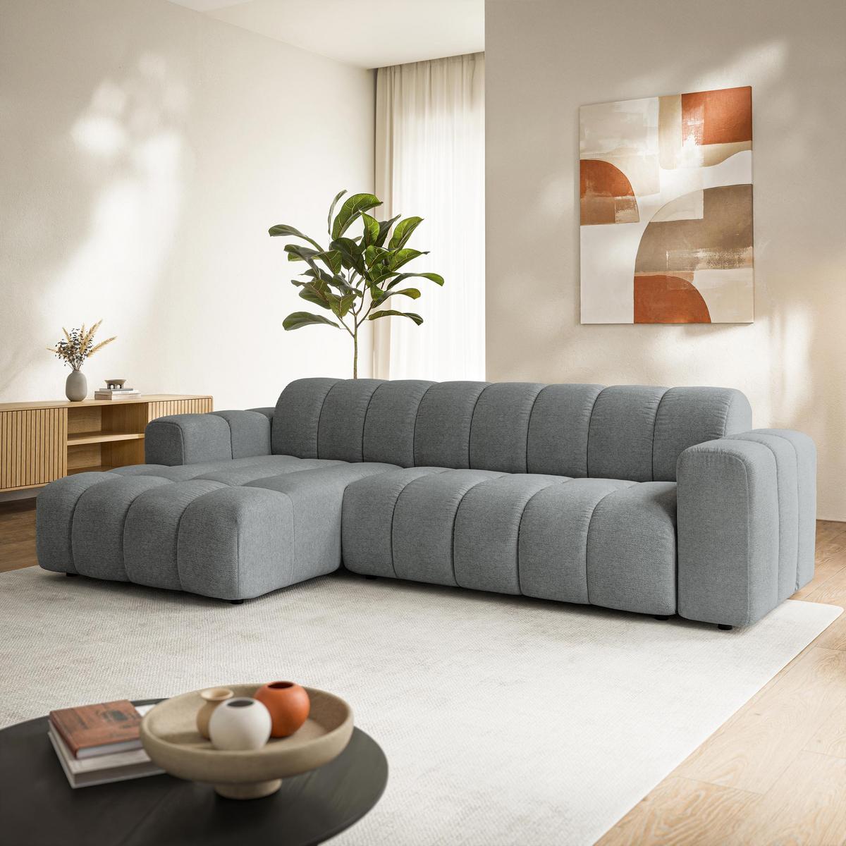 ECKSOFA SETIA Grau Strukturstoff mit Schlaffunktion - Grau, Holz (304/165cm) - MASSENO