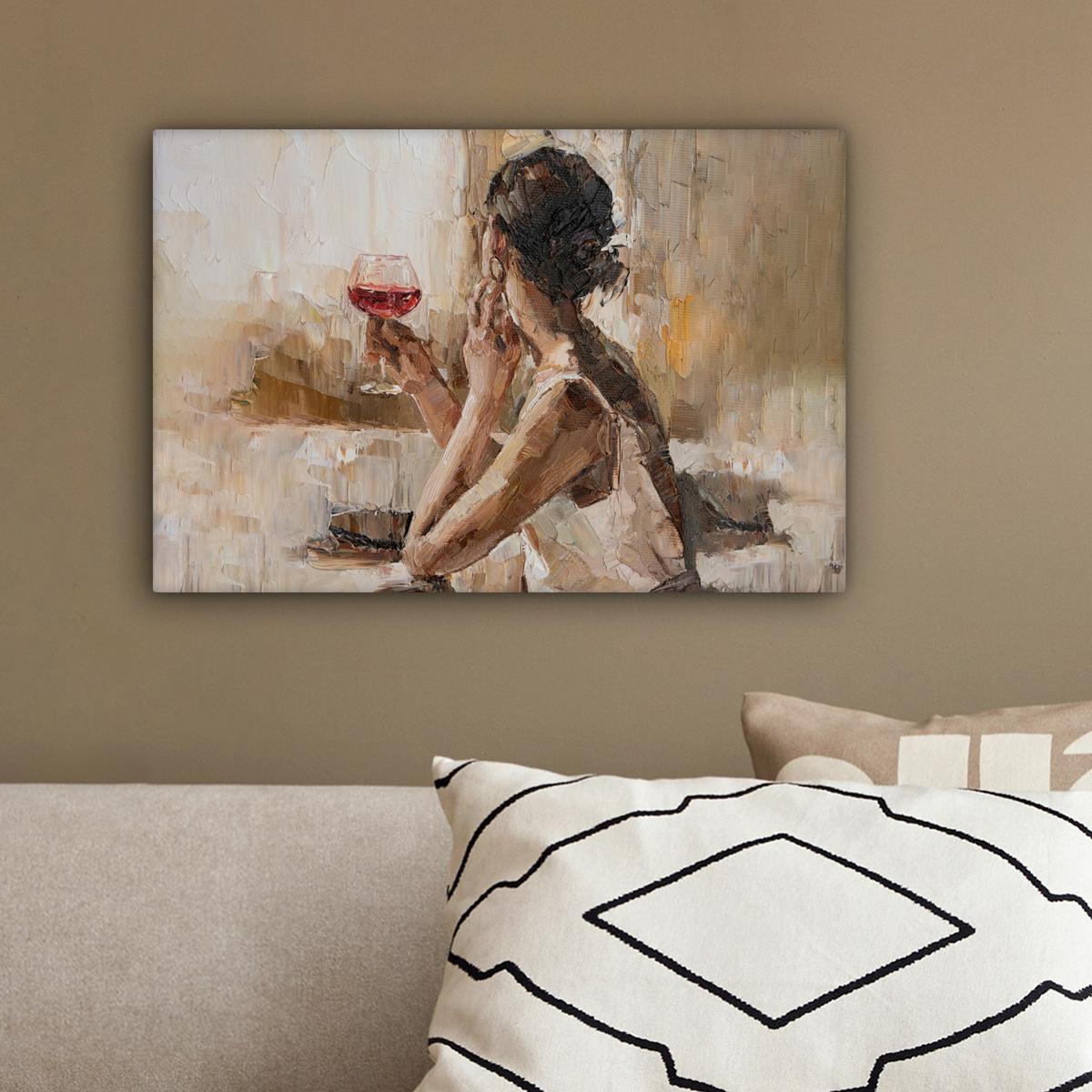 LEINWANDBILD Ölgemälde - Frau - Wein Deko Schlafzimmer 30x20 cm - Hellbraun, Textil (30/20cm) - MuchoWow