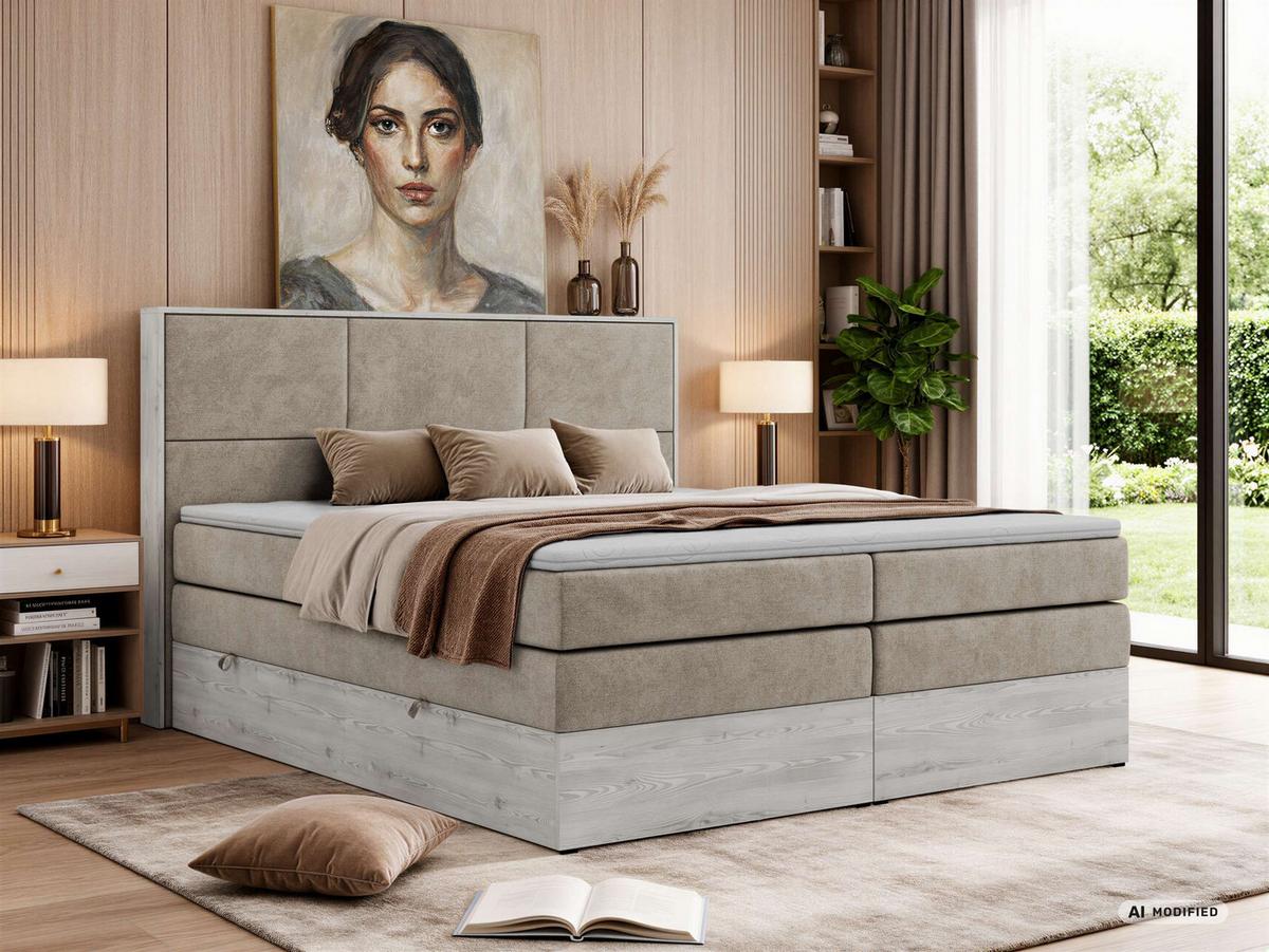BOXSPRINGBETT DELNOR KING 160/200 - Greige Stukture - Topper Visco - H3 - Greige/Schwarz, Kunststoff/Textil (160/200cm) - MKS