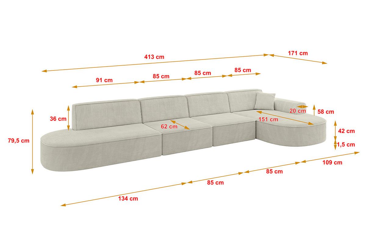 ECKSOFA Ottomane Rechts MARI-L3 - 413x171x79 cm Creme Cord - Hellgrau/Creme, Holzwerkstoff/Kunststoff (171/413cm) - ALTDECOR