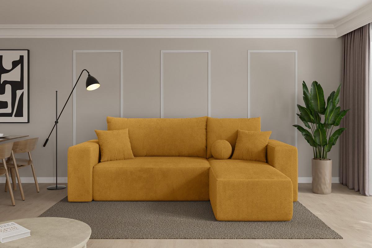 ECKSOFA mit Schlaffunktion Ottomane Rechts SENO-L 249x139x85 Senfgelb Cord - Dunkelgelb/Schwarz, Holzwerkstoff/Kunststoff (249/139cm) - ALTDECOR