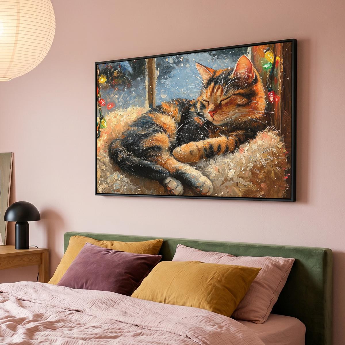 LEINWAND Bilder mit Rahmen - Katze - Weihnachten - Winter - Tier - 120x80 - Bernsteinfarben, Textil (120/80cm) - MuchoWow