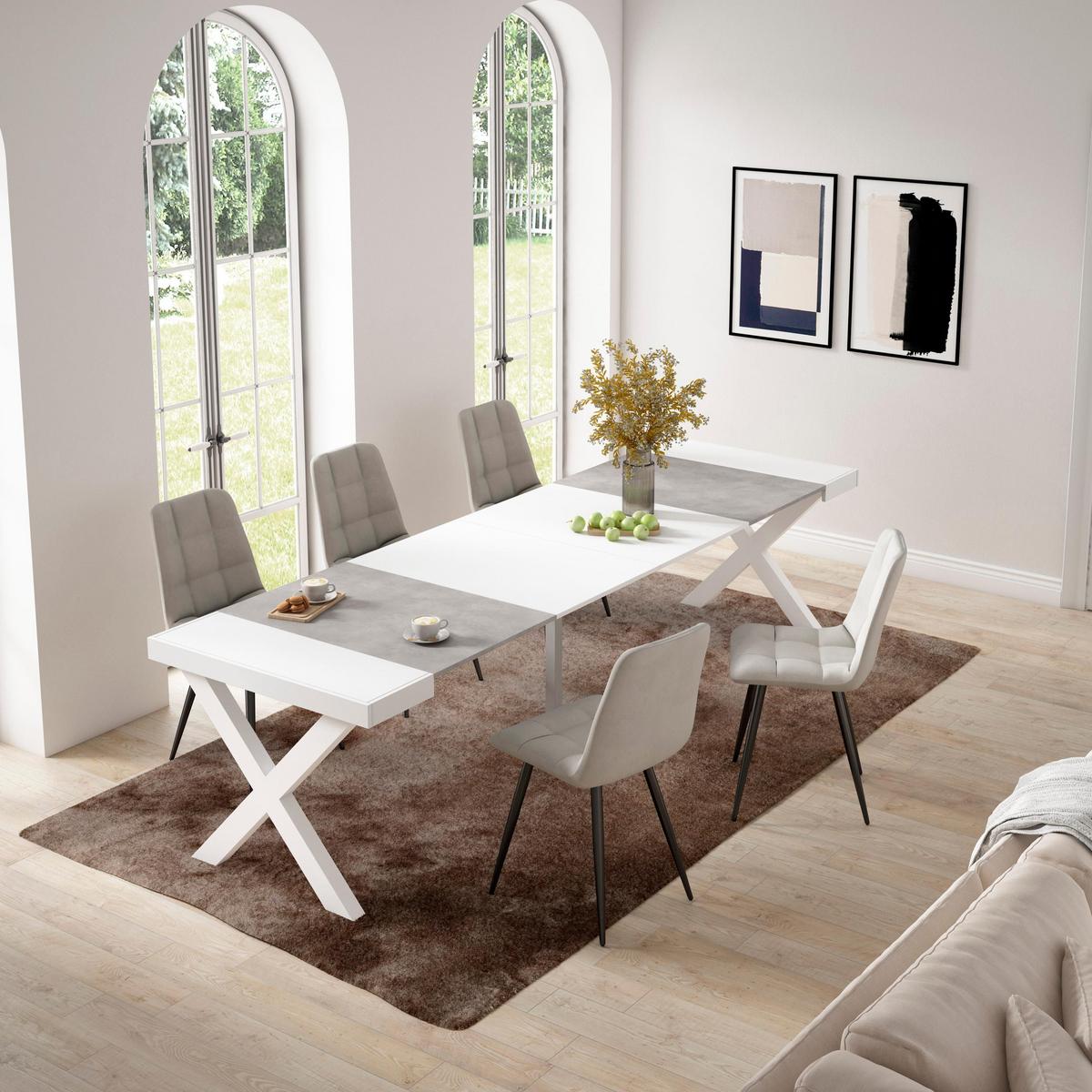 KONSOLENTISCH ausziehbar 58 bis 302cm, für 14 Gäste, weiß zementgrau, 90/58/73cm - Weiß/Grau, Holzwerkstoff (90/302/73cm) - Skraut Home