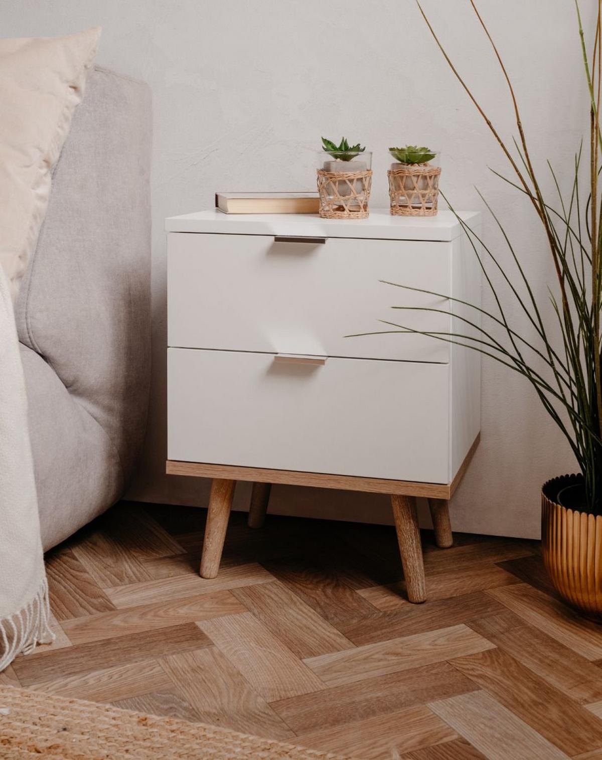 NACHTTISCH weiß matt, Eiche Sonoma massiv 40 cm, Nachtkommode mit 2 Schubladen - Chromfarben/Eichefarben, Holz/Holzwerkstoff (40/52/30cm) - Furn.Design
