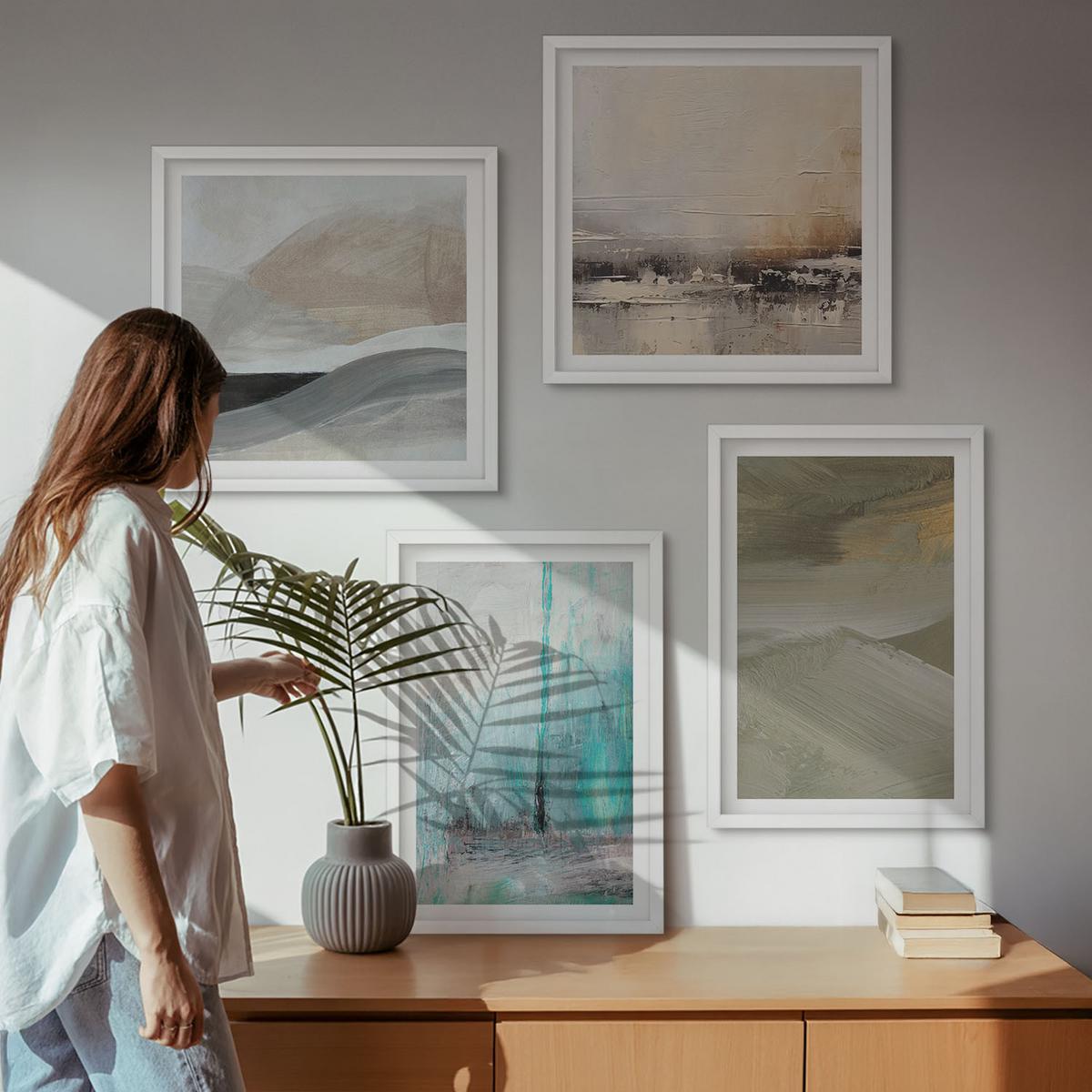 BILDER SET 4er Set - 50x50 cm & 40x60 cm Weißer Rahmen - Gemalte abstrakte Dekorationen - Weiß, Kunststoff (50/50cm) - TULUP
