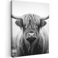 LEINWANDBILD Schottischer Highlander - Nebel - Schwarz - Weiß Wandbild Wohnzimmer 60x80 cm - Grau, Textil (60/80cm) - MuchoWow