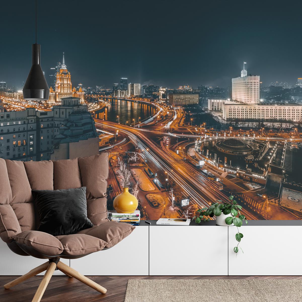 FOTOTAPETE für Wohnzimmer Moskau Nacht Panorama Metropole Straßen 100x70 - Beige/Schwarz, Papier (100/70cm) - Muralo