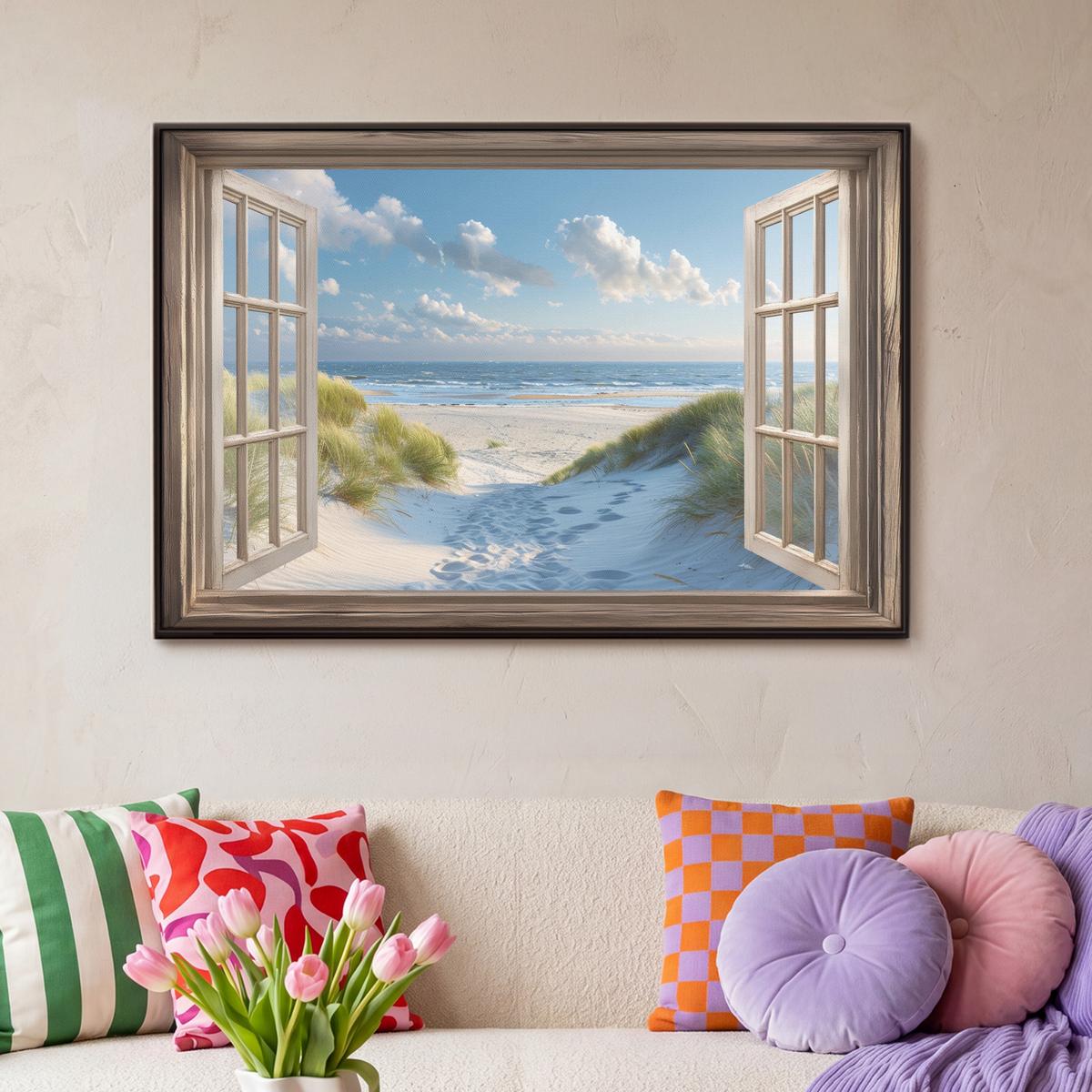 LEINWAND Bilder mit Rahmen - Aussicht - Strand - Fenster - Dünen - Meer - 90x60 - Hellblau, Textil (90/60cm) - MuchoWow