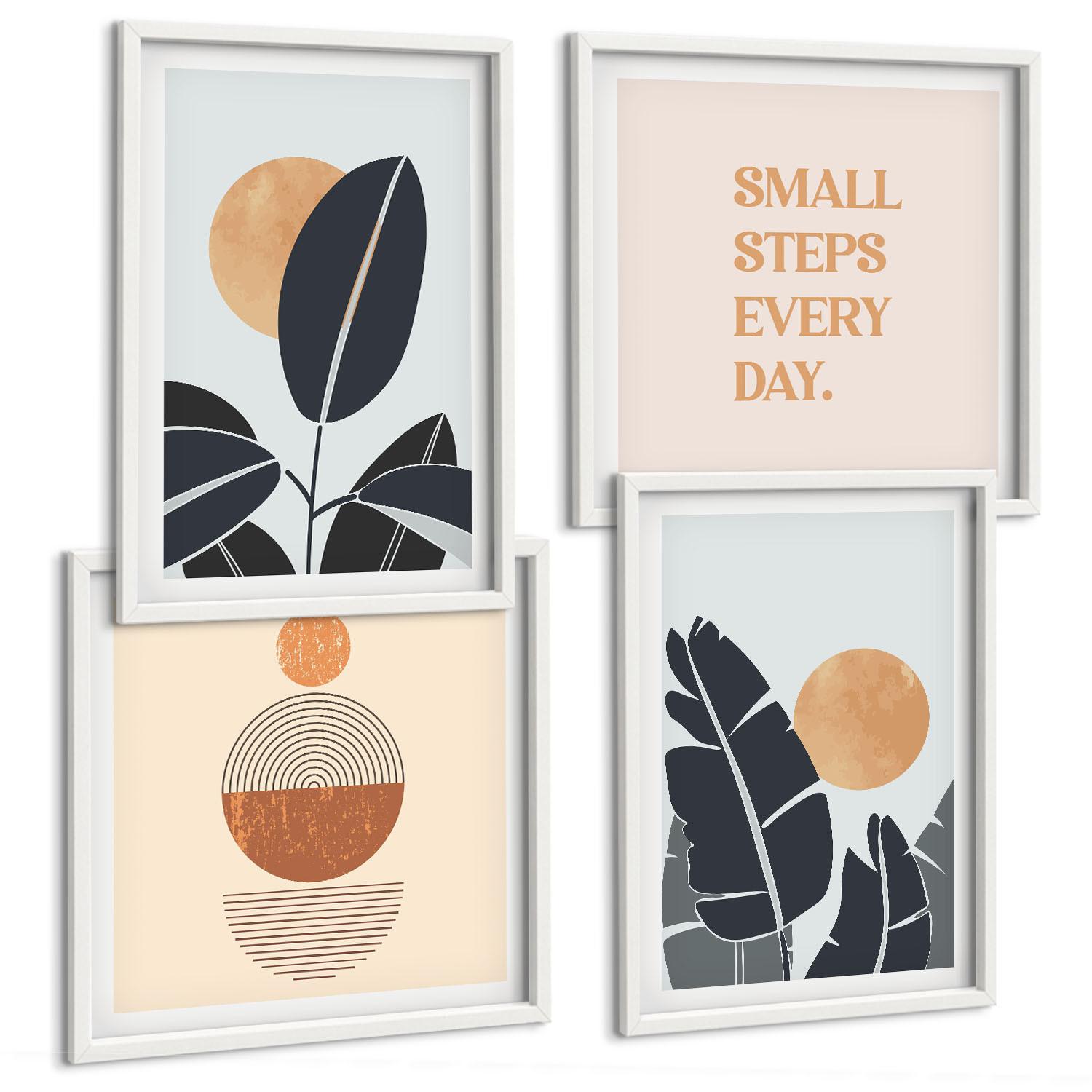 BILDER SET 4er Set - 50x50 cm & 40x60 cm Weißer Rahmen - Pflanzenmuster große minimalistische Sonnen - Weiß, Kunststoff (50/50cm) - TULUP