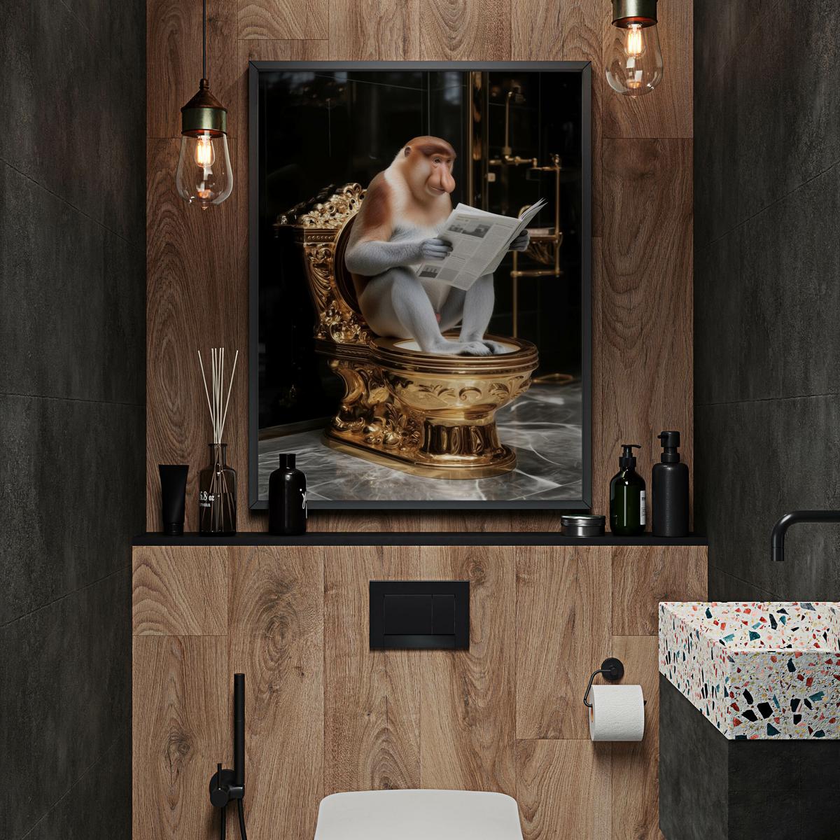 POSTER für WC Badezimmer NASENAFFE mit einer Zeitung Goldene Toilette Abstraktion 50x70cm - Gelb/Schwarz, Papier (50/70/70cm) - Muralo