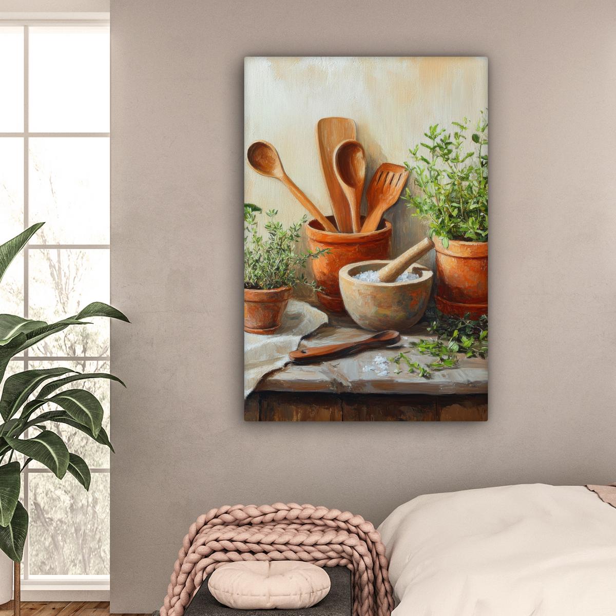 LEINWANDBILD Töpfe - Kräuter - Holz Deko XXL 80x120 cm - Terracotta, Textil (80/120cm) - MuchoWow