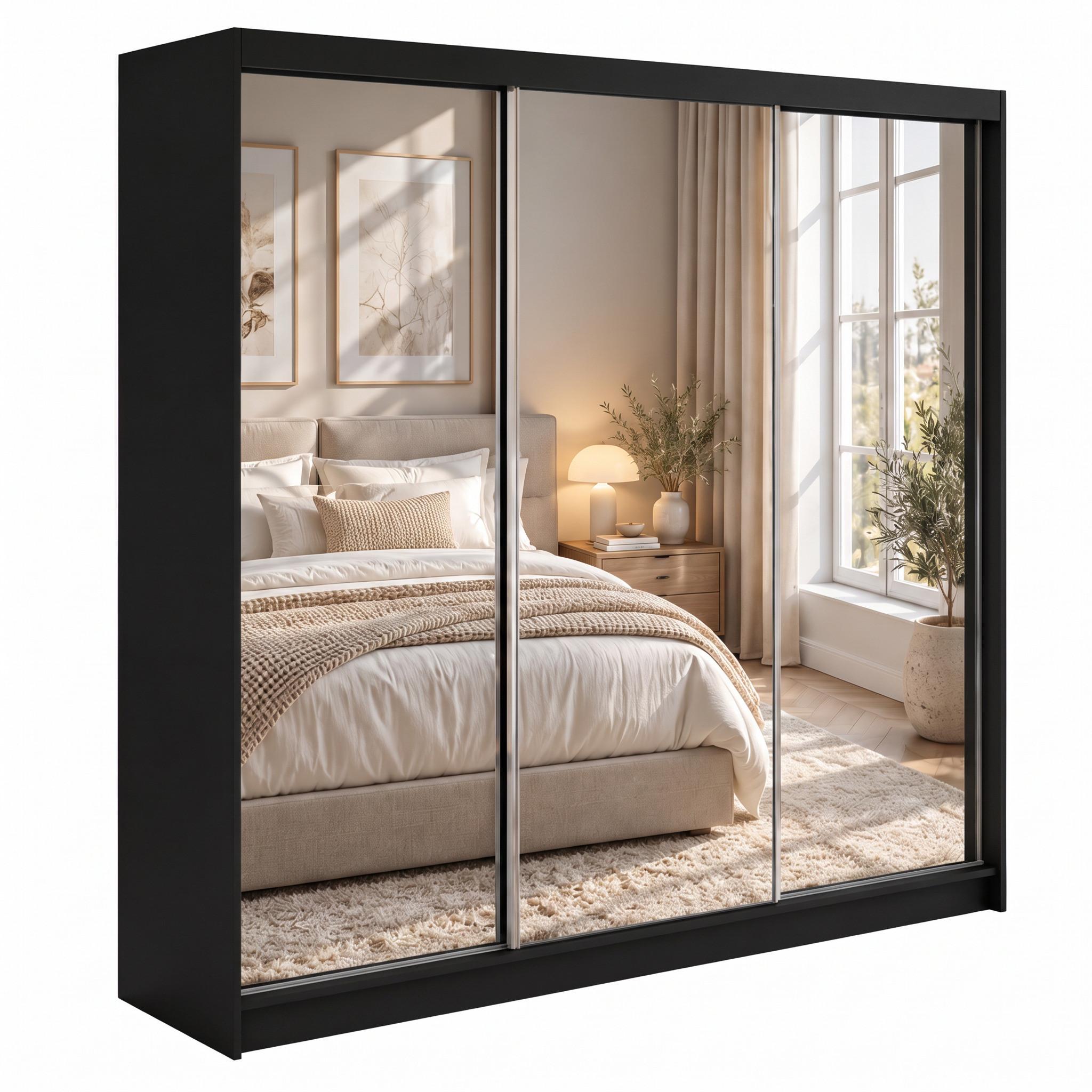 SCHWEBETÜRENSCHRANK Debra 240/216/61 schwarz mit Spiegel - Schwarz, Holzwerkstoff (240/216/61cm) - Beautysofa