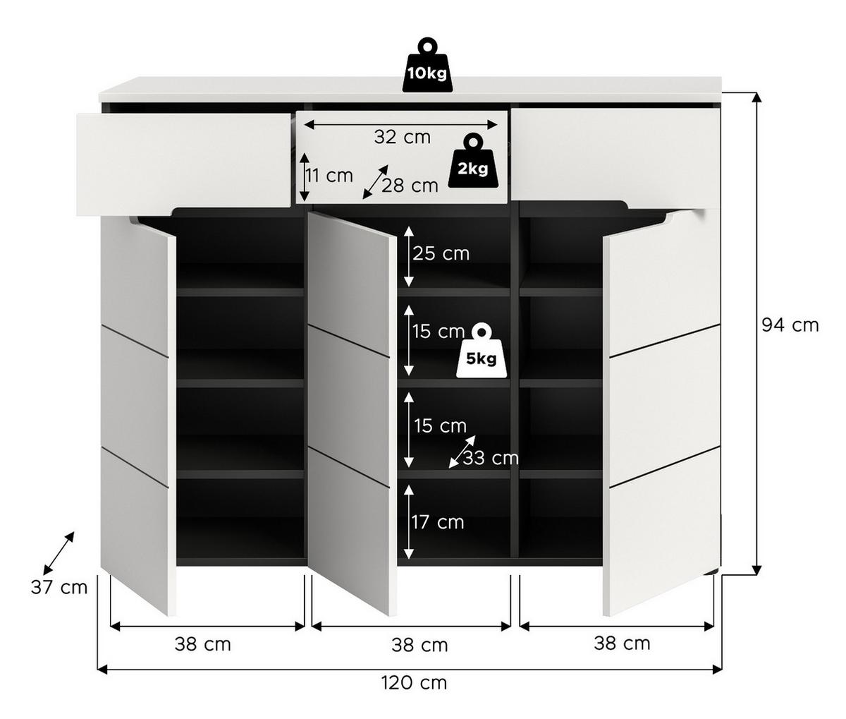 SCHUHKOMMODE weiß, grau, Flurkommode 120 x 94 cm mit Soft-Close, Cooper - Schwarz/Weiß, Holzwerkstoff/Kunststoff (120/94/37cm) - Inn.Furn