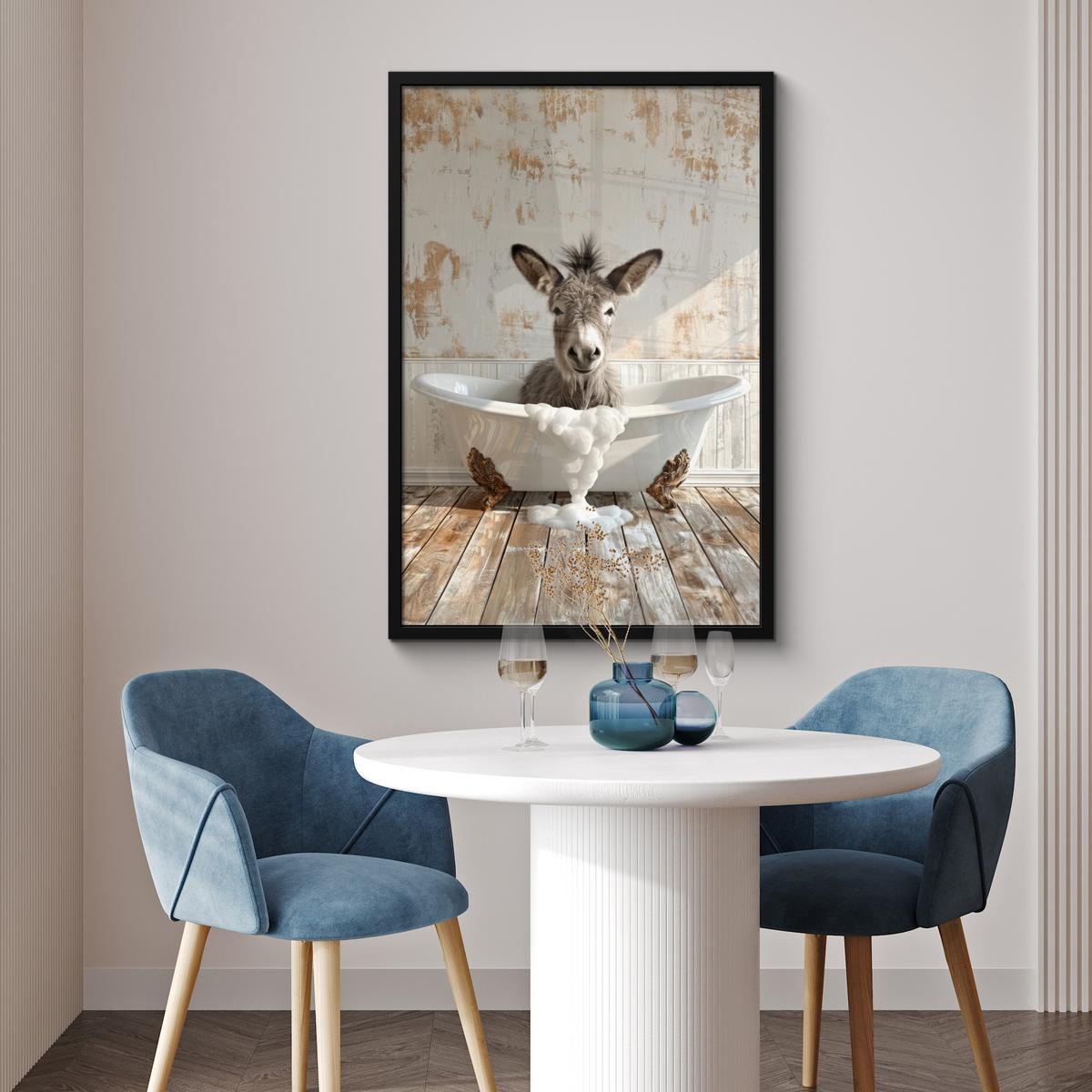 POSTER MIT RAHMENGERAHMTES BILD Esel - Tiere - Badewanne - Schaumstoff 60x90 cm - Weiß, Papier (60/90cm) - MuchoWow