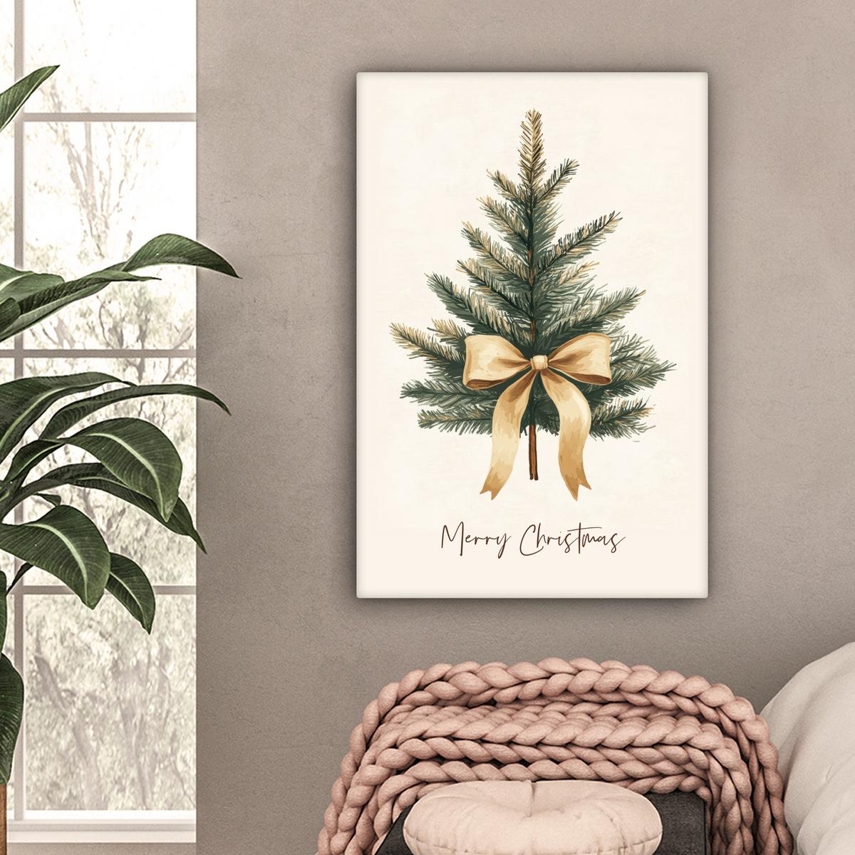 LEINWANDBILD Weihnachtsbaum - Weihnachten - Frohe Weihnachten - Beige Wanddeko Schlafzimmer 60x90 cm - Sandfarben, Textil (60/90cm) - MuchoWow