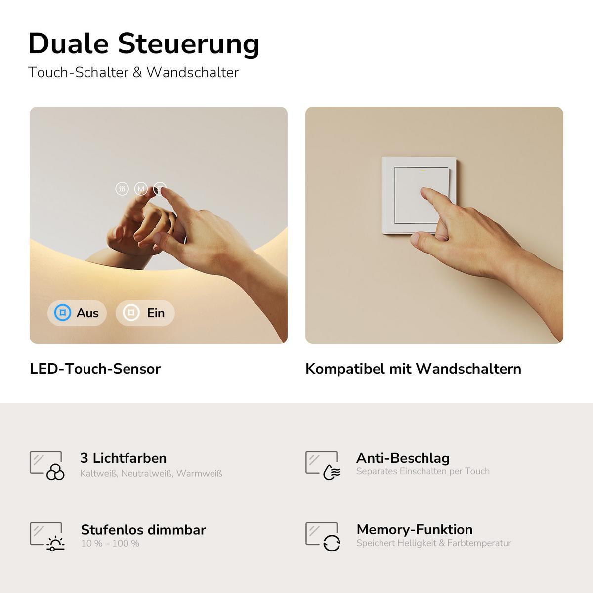 BADSPIEGEL asymmetrisch mit LED-Beleuchtung, Antibeschlag, 65/45/2,5 cm - Transparent, Glas (45/65/2.5cm) - EMKE
