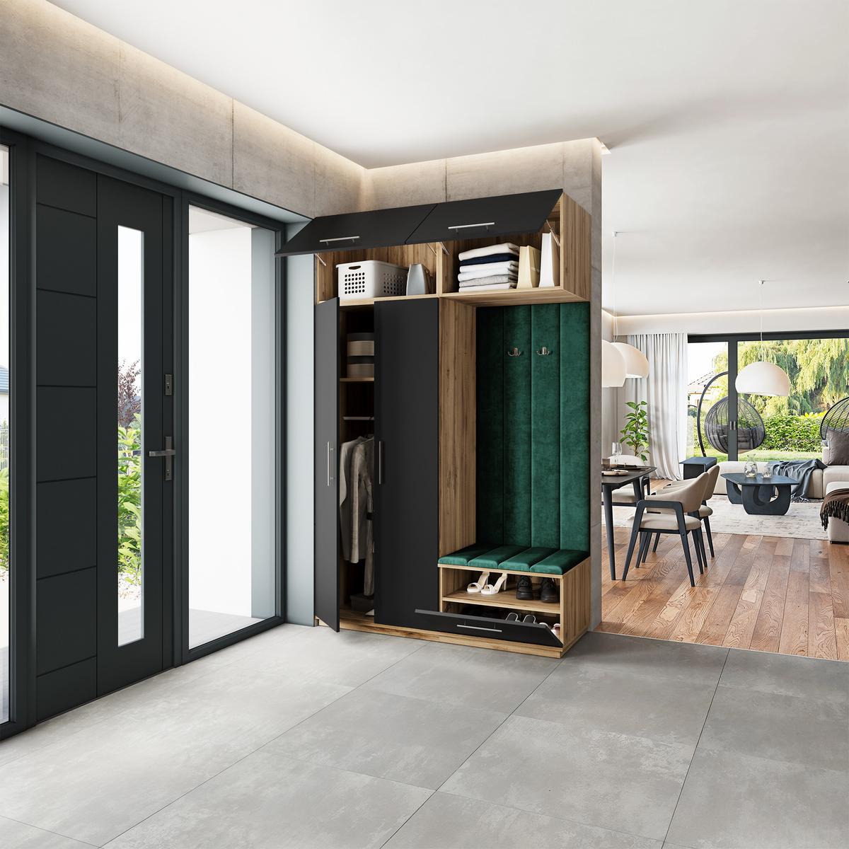 GARDEROBENSCHRANK REMA 150/240/60 cm Modern Garderobe-Set Eiche Wotan - Eiche Wotan/Schwarz, Holzwerkstoff (150/240/60cm) - MASSENO