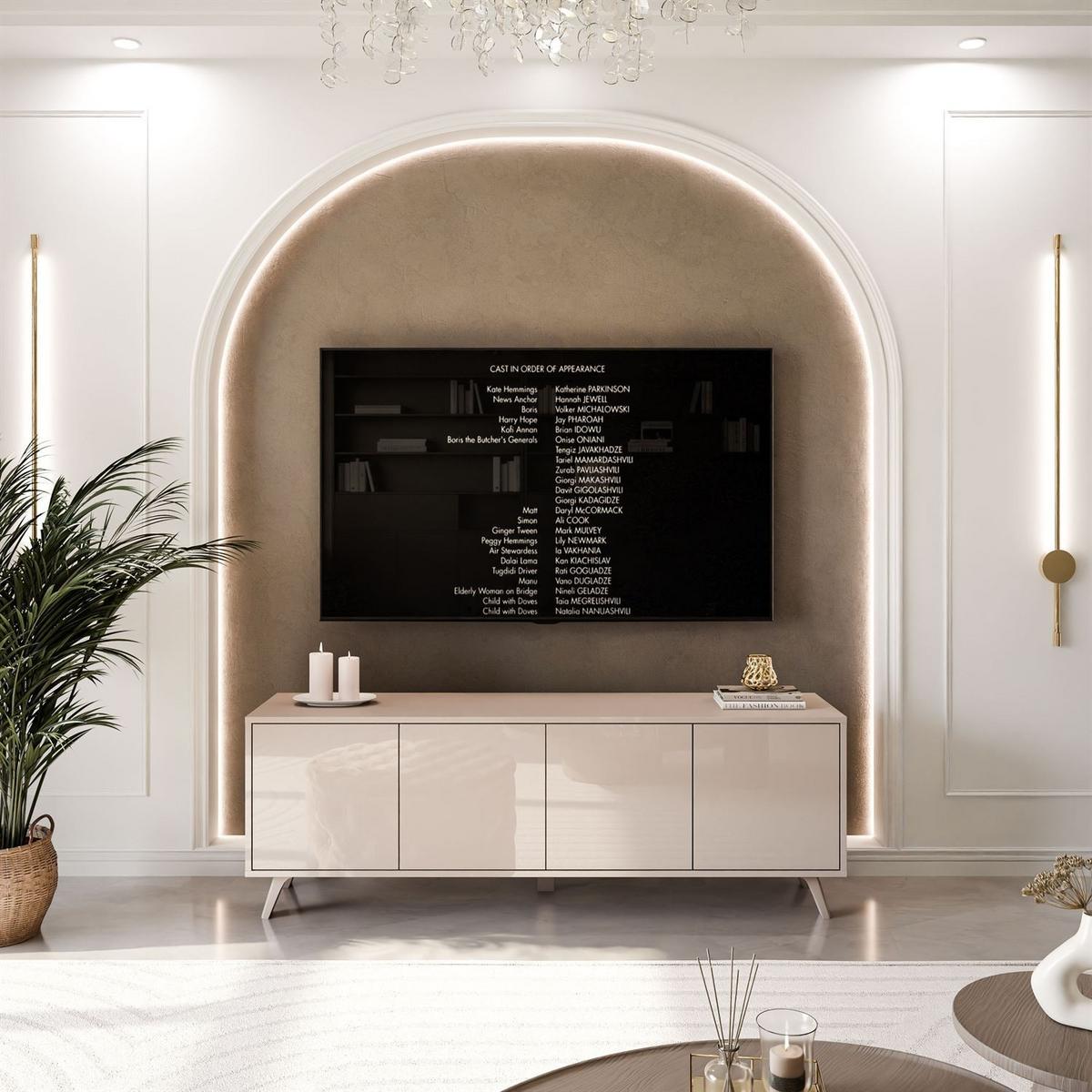 TV-SCHRANK SANAYI mit hohen Kunststoffbeinen Kaschmir Hochglanz - Beige, Holzwerkstoff (156/54/38cm) - Lookway