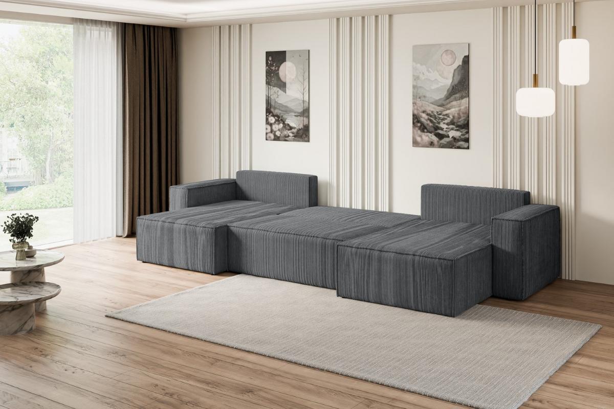 WOHNLANDSCHAFT mit Schlaffunktion und Bettkasten CELTIC-XLU - 377x143x83 cm Dunkelgrau Cord - Dunkelgrau/Schwarz, Holzwerkstoff/Kunststoff (377/83/143cm) - ALTDECOR