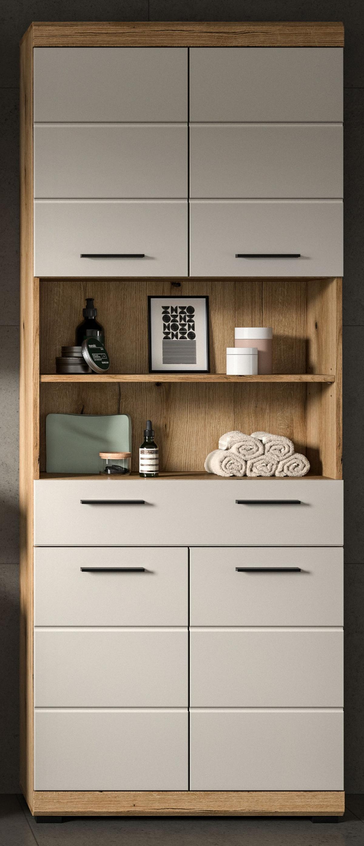 HOCHSCHRANK Sand Kaschmir, Evoke Eiche, Badschrank 74 cm, 4-türig - Sandfarben/Kaschmir, Holzwerkstoff/Kunststoff (74/191/31cm) - Inn.Furn