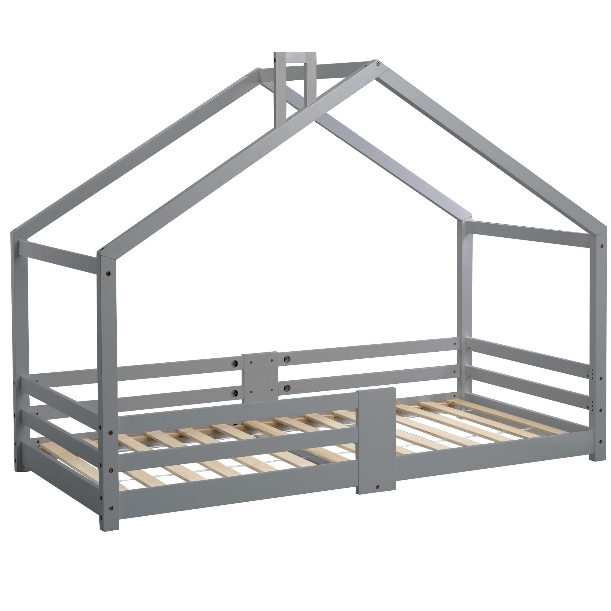 KINDERBETT Hausbett aus Kiefer Massivholz mit Schornstein & Rausfallschutz - Grau, Holz (209/143/96cm) - Urban Meuble