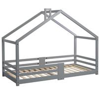 KINDERBETT Hausbett aus Kiefer Massivholz mit Schornstein & Rausfallschutz - Grau, Holz (209/143/96cm) - Urban Meuble