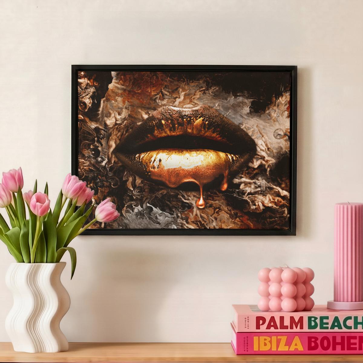LEINWAND Bilder mit Rahmen - Gold - Lippen - Kunst - Gold - Luxus - Abstrakt - 40x30 - Kupferfarben, Textil (40/30cm) - MuchoWow