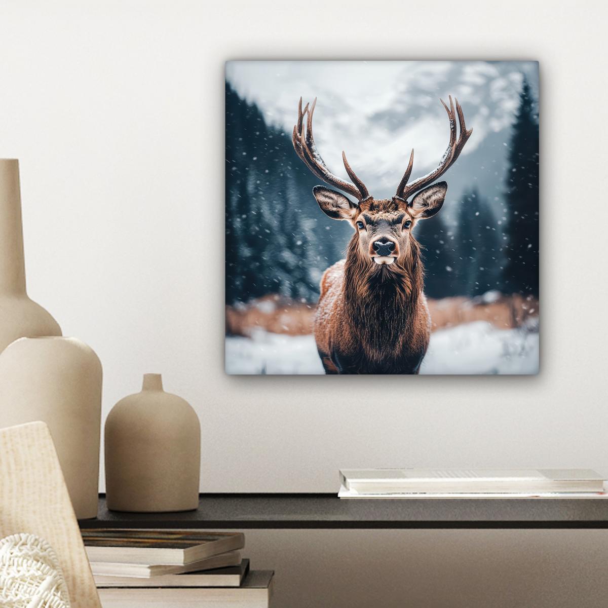 LEINWANDBILD Hirsche - Tiere - Landschaft - Winter - Schnee Deko Wohnzimmer 20x20 cm - Kastanienfarben, Textil (20/20cm) - MuchoWow