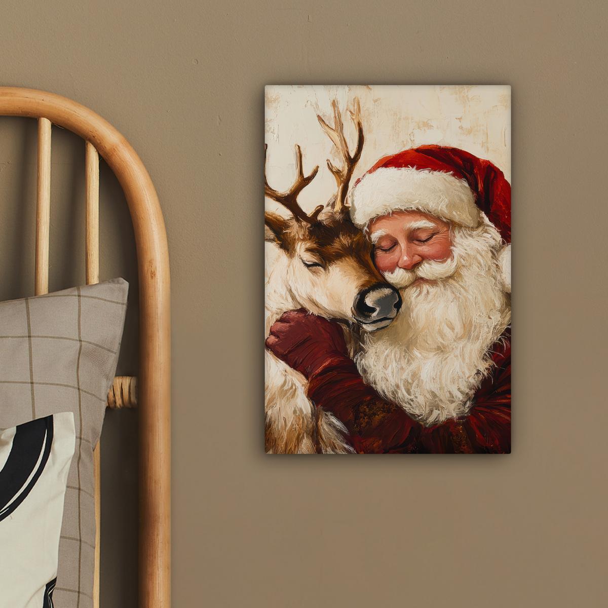 LEINWANDBILD Weihnachtsmann - Rentier - Weihnachten Deko Wohnzimmer 20x30 cm - Rotbraun, Textil (20/30cm) - MuchoWow