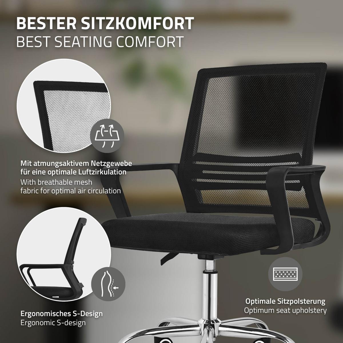 BÜROSTUHL ergonomisch Schwarz mit Netz-Rückenlehne und Stahlgestell - Chromfarben/Schwarz, Kunststoff/Textil (59/100/58cm) - ML-DESIGN