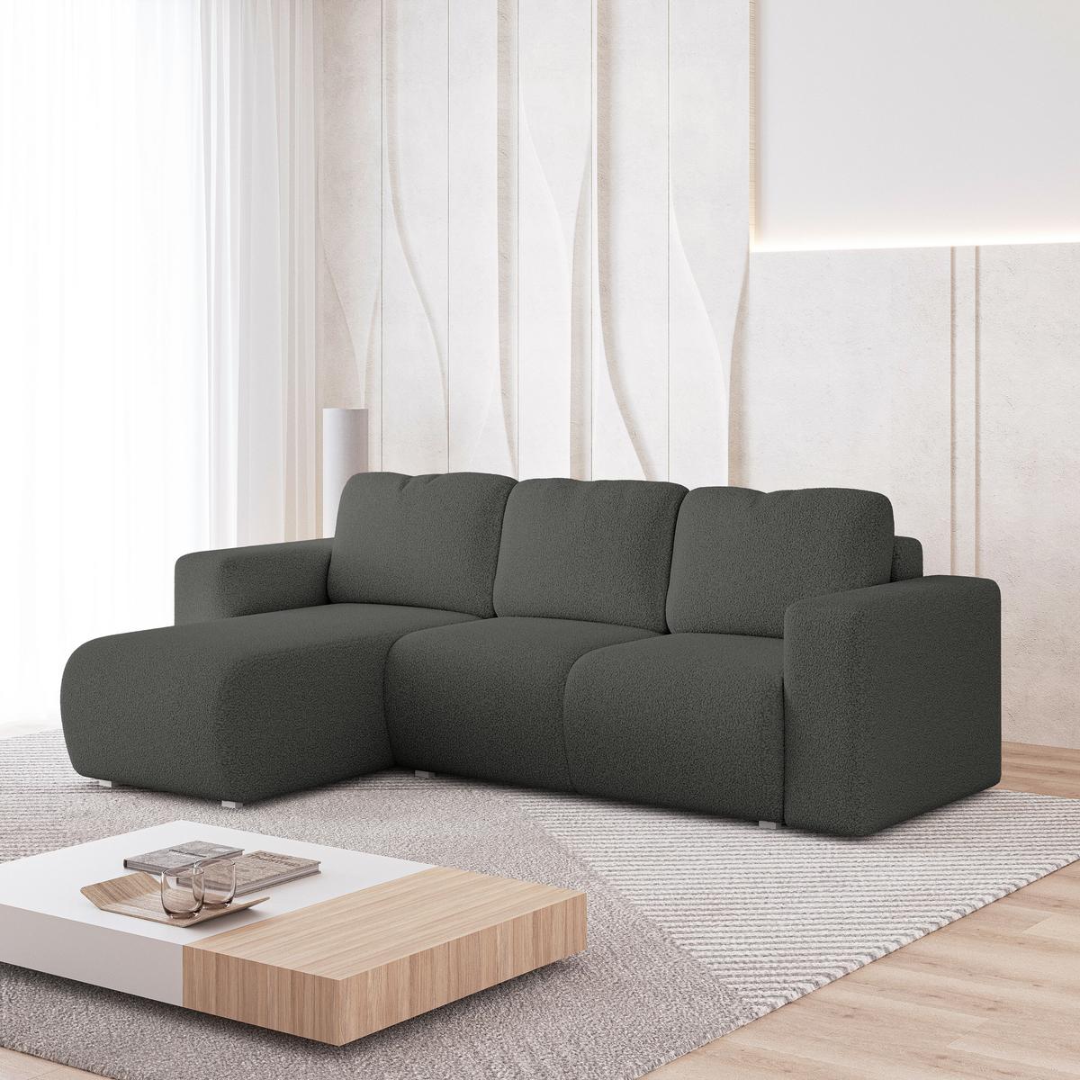 ECKSOFA RINOVA Grau Boucle-Stoff mit Schlaffunktion - Grau, Holz (250/143cm) - MASSENO