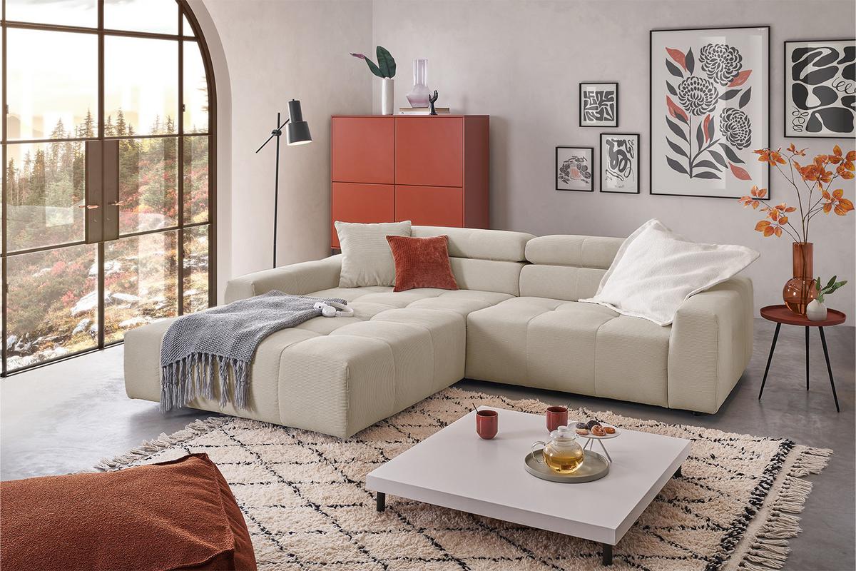 ECKSOFA MIT MOTORISCHEM SITZVORZUG RENO Beige Cord Relaxfunktion - Beige/Schwarz, Kunststoff/Textil (258/217cm) - KAWOLA
