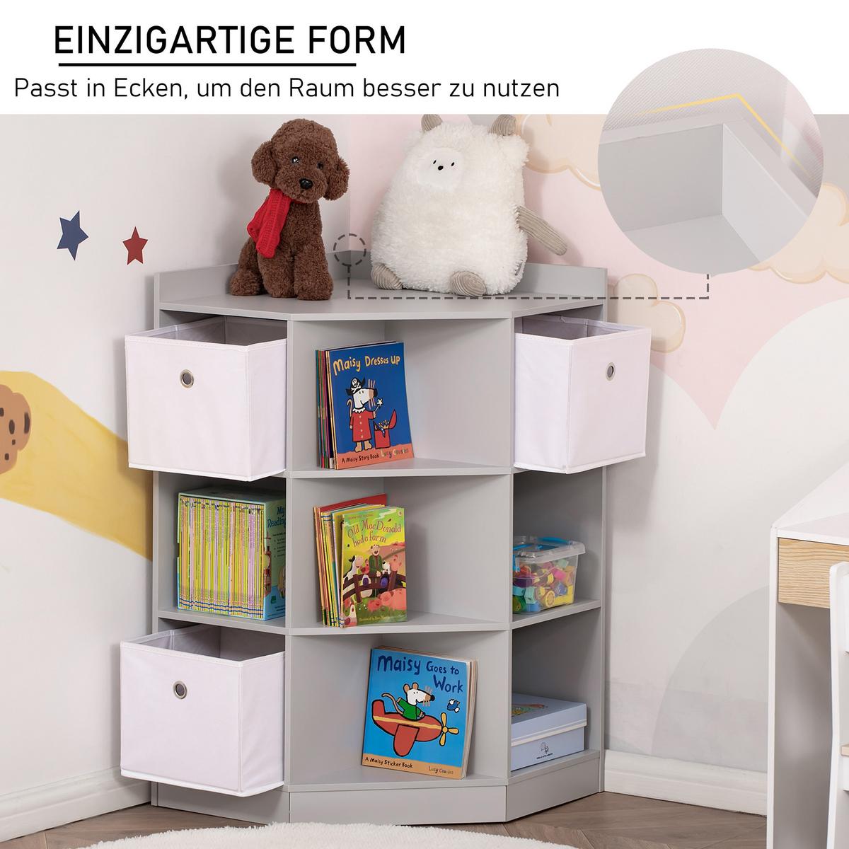 KINDERREGAL Eckregal mit 3 Aufbewahrungsboxen Kinderzimmer Spielzeugablage Grau - Grau, Holzwerkstoff (57.4/94/57.4cm) - HOMCOM