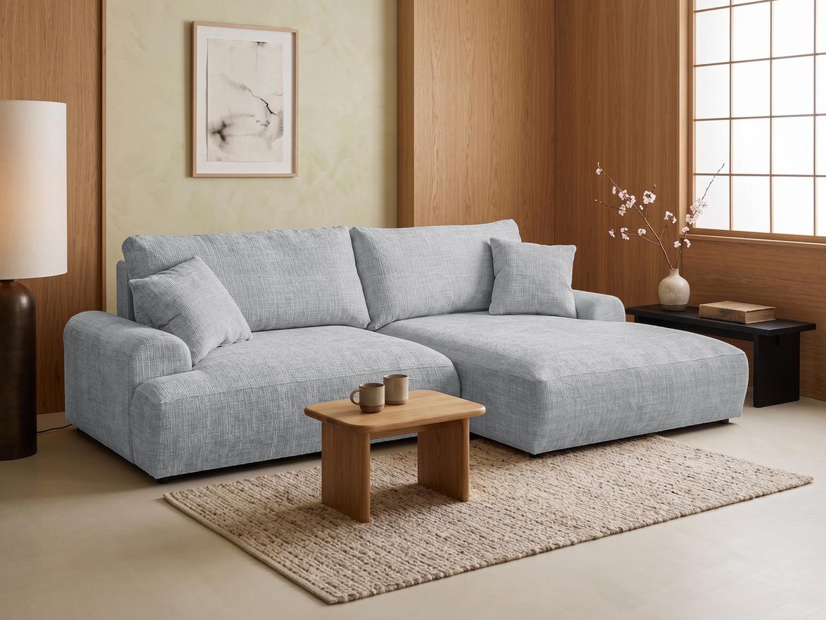 ECKSOFA Melvano mit Schlaffunktion und Bettkasten im Japandi-Stil aus weichem Hellgrau Chenille-Stoff - Hellgrau/Schwarz, Holz/Kunststoff (240/145cm) - S-Style