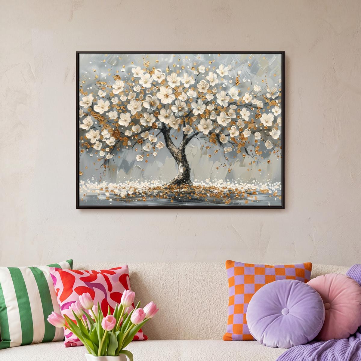 LEINWAND Bilder mit Rahmen - Baum - Blumen - Weiß - Natur - Kunst - 80x60 - Weiß, Textil (80/60cm) - MuchoWow