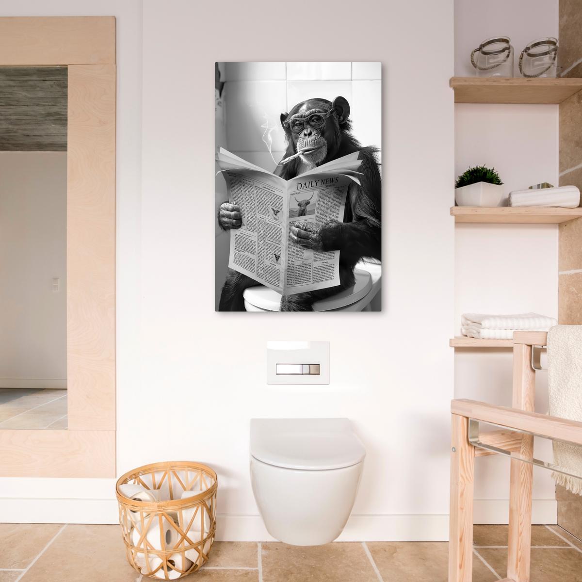 LEINWANDBILD Affe - WC - Zeitung - Schwarz-Weiß - Humor Wanddeko Schlafzimmer 60x90 cm - Hellgrau, Textil (60/90cm) - MuchoWow