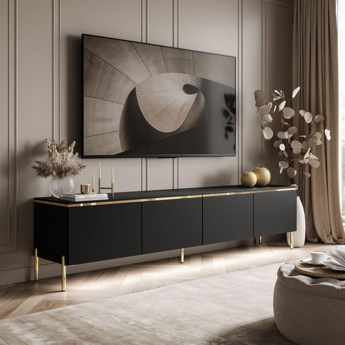 TV-SCHRANK CELINE 200 cm schwarz matt auf gerade goldenen Füßen - Schwarz, Holzwerkstoff (200/49/40cm) - Lookway