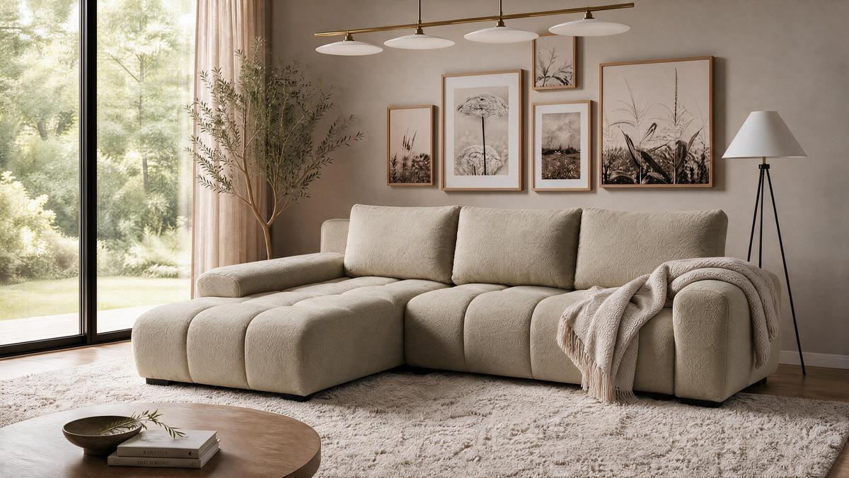 ECKSOFA Ovia mit Bettkasten und Schlaffunktion, Bouclé-Stoff in L-Form - Cappuccino, Textil (270/185cm)