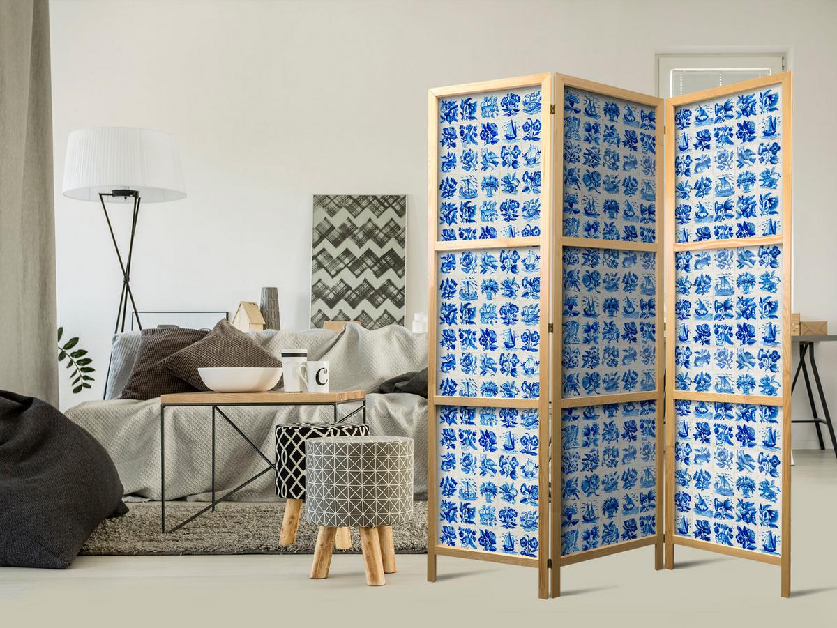 PARAVENT Japanischer 3-tlg 135x172 cm Blaue Fliesen - Blau, Holz/Textil (135/172/3cm) - Muralo
