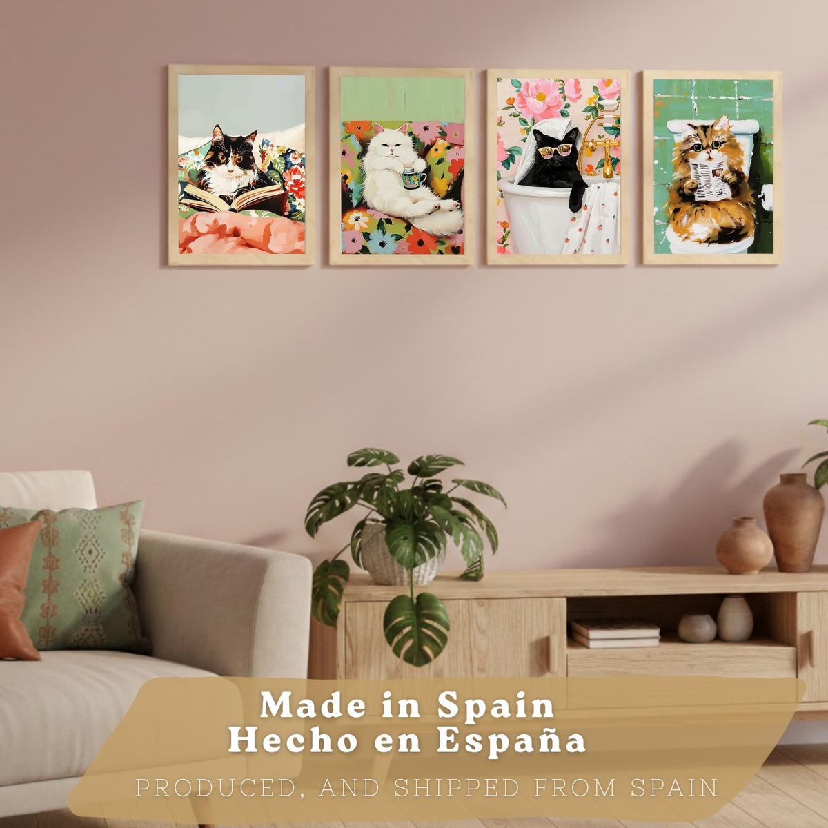 POSTER 4er Kunstdruck-Set Wandbilder Katzen modern Wohnzimmer Deko, Schlafzimmer, Küche, Badezimmer Rahmenlos A3 - Beige, Papier (29.7/1/42cm) - Nacnic