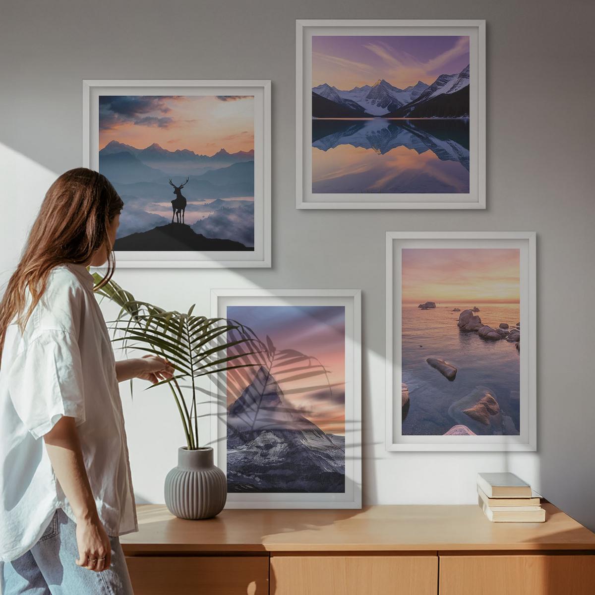 BILDER SET 4er Set - 50x50 cm & 40x60 cm Weißer Rahmen - Landschaften Berge Seen jelen - Weiß, Kunststoff (50/50cm) - TULUP