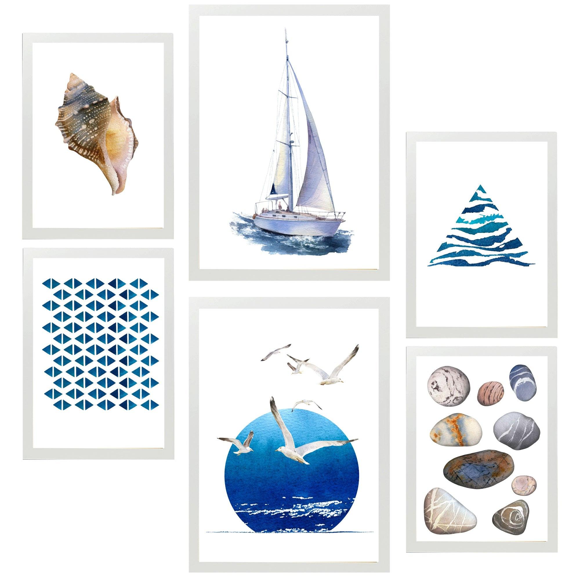 POSTER Set Mit 6 Komposition Meer Strand Sommer A3 & A4 Weißer Rahmen - Weiß, Papier (29/3cm) - Nacnic