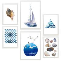 POSTER Set Mit 6 Komposition Meer Strand Sommer A3 & A4 Weißer Rahmen - Weiß, Papier (29/3cm) - Nacnic