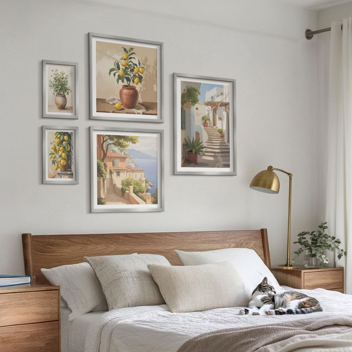 BILDER SET 5er Set - 50x50 cm & 20x30 cm & 40x60 cm Silberner Rahmen - Blumen in einer Vase, ein Meer aus Zitronen - Silberfarben, Kunststoff (40/60cm) - TULUP