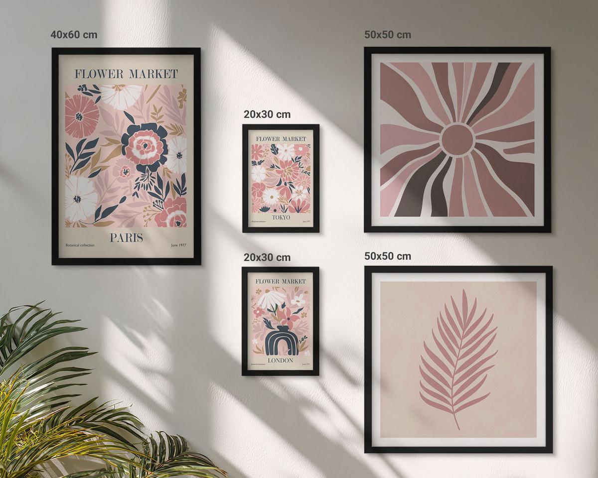 BILDER SET 5er Set - 50x50 cm & 20x30 cm & 40x60 cm Schwarzer Rahmen - Blumenmuster, Blätter, Geometrie - Schwarz, Kunststoff (40/60cm) - TULUP