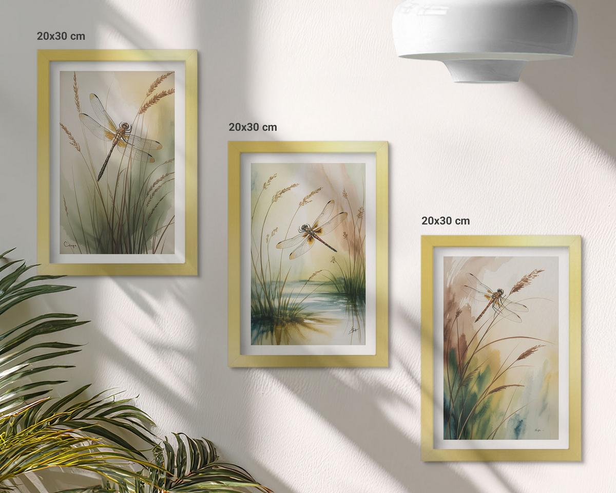 BILDER SET 3er Set - 20x30 cm Goldrahmen - Libellen im Gras, Wassermalerei - Goldfarben, Kunststoff (20/30cm) - TULUP