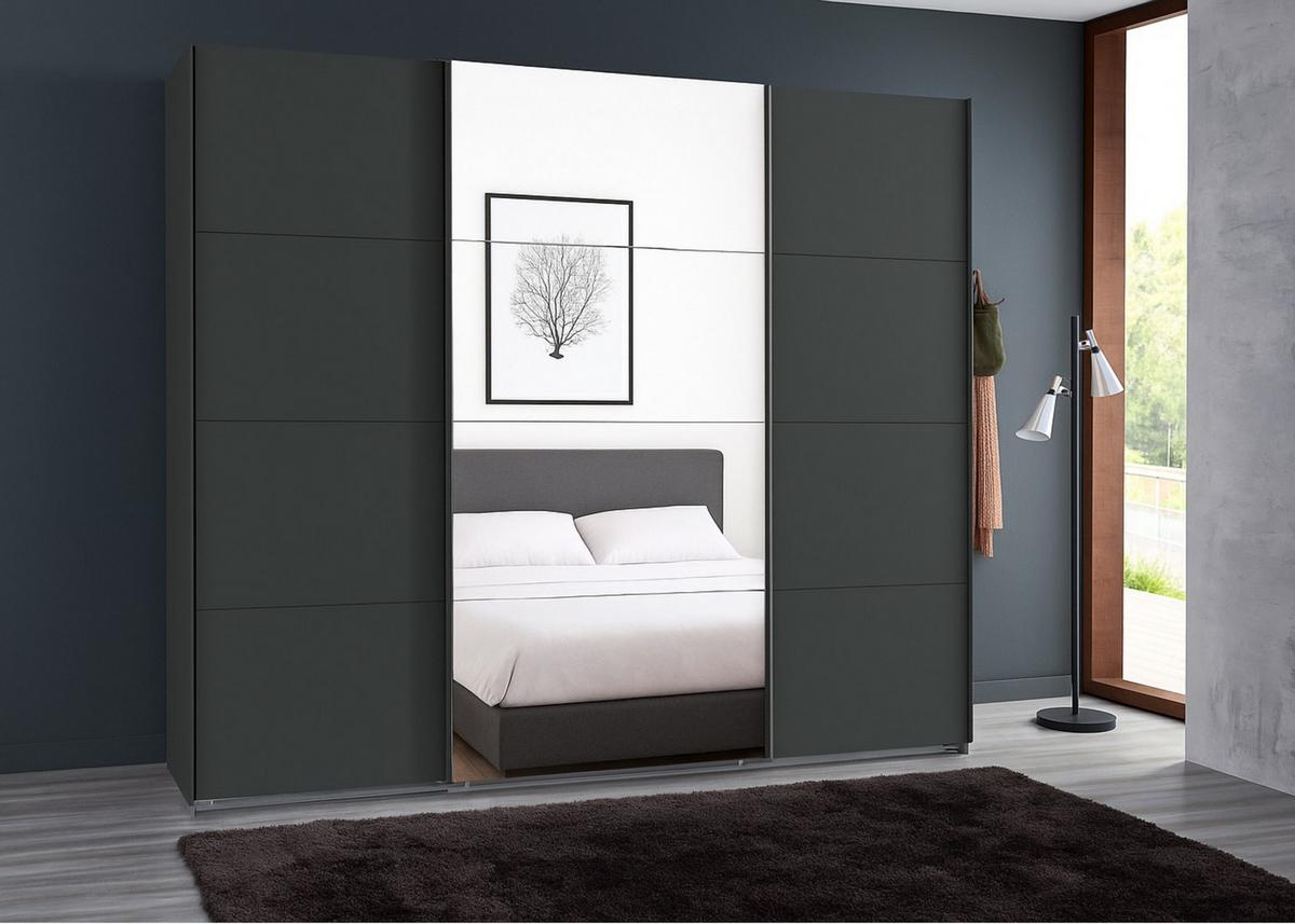 SCHWEBETÜRENSCHRANK 3-türig B225/H236/T64 cm extrahoch in Grafit, Kleiderschrank mit einer Spiegeltür / 22540 - Goldfarben/Graphitfarben, Holzwerkstoff/Metall (225/236/64cm) - luma-home