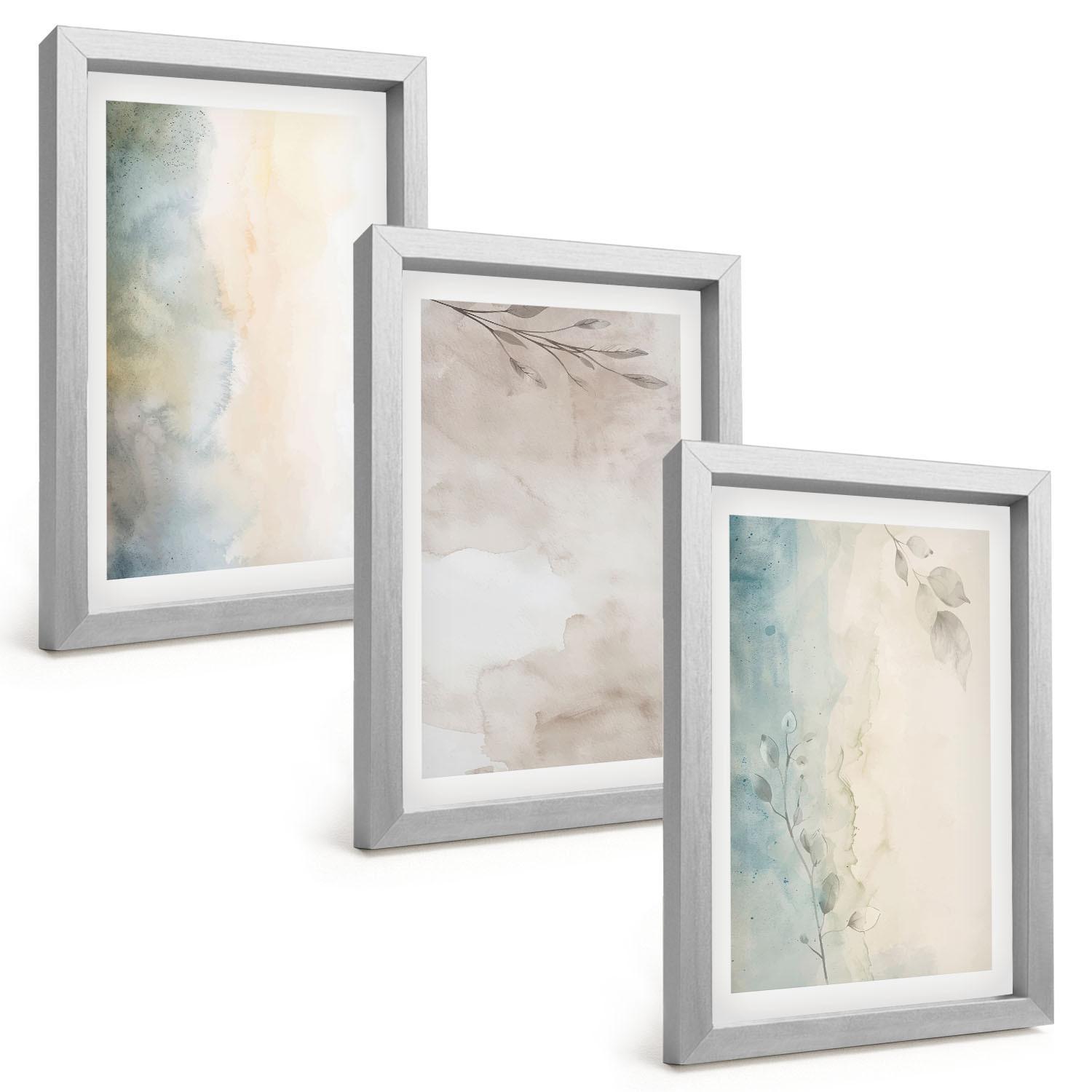 BILDER SET 3er Set - 20x30 cm Silberner Rahmen - Zarte Aquarellkartons - Silberfarben, Kunststoff (20/30cm) - TULUP