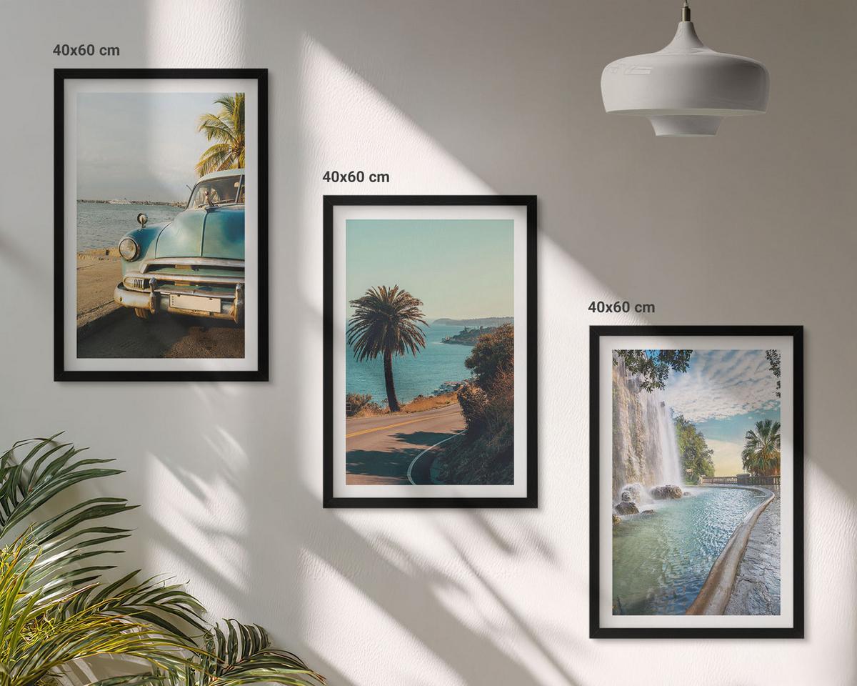 BILDER SET 3er Set - 40x60 cm Schwarzer Rahmen - Urlaub Palmen Wasserfall - Schwarz, Kunststoff (40/60cm) - TULUP
