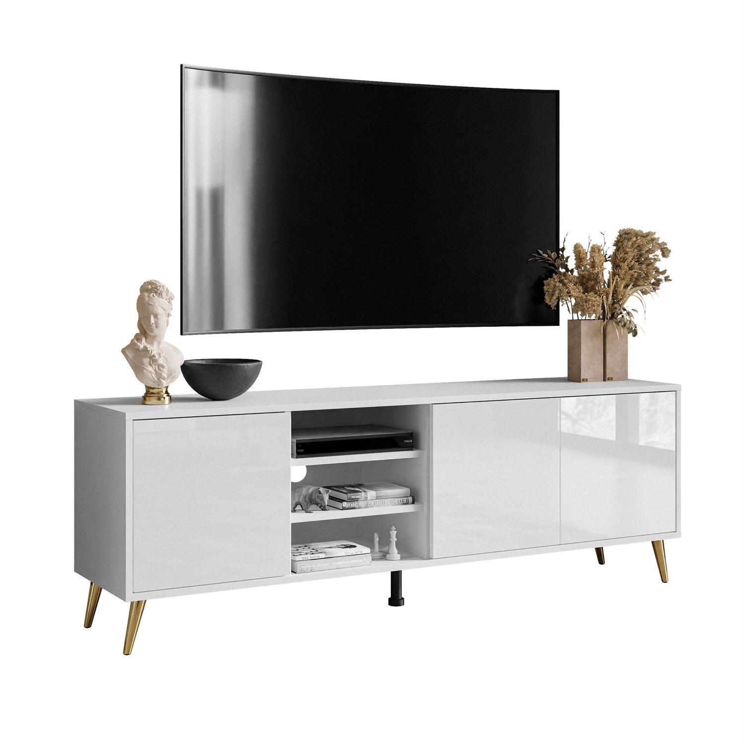 TV-ELEMENT SANAYI auf goldenen Beinen mit Regalen Hochglanz Weiß - Weiß, Holzwerkstoff (156/54/38cm) - Lookway